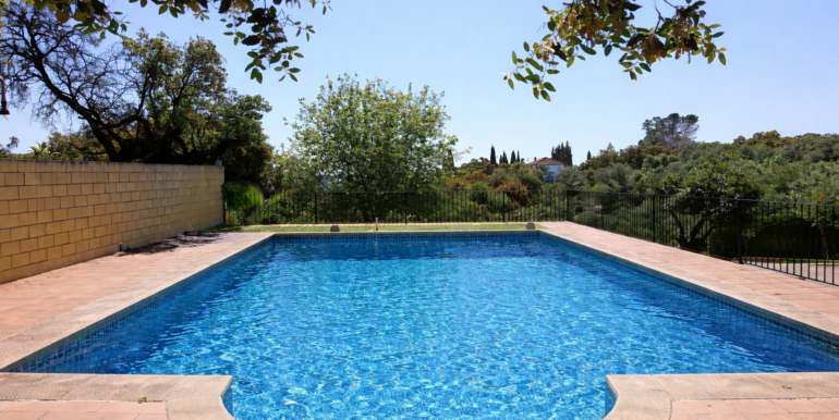 Piscina iluminada bajo el sol brillante